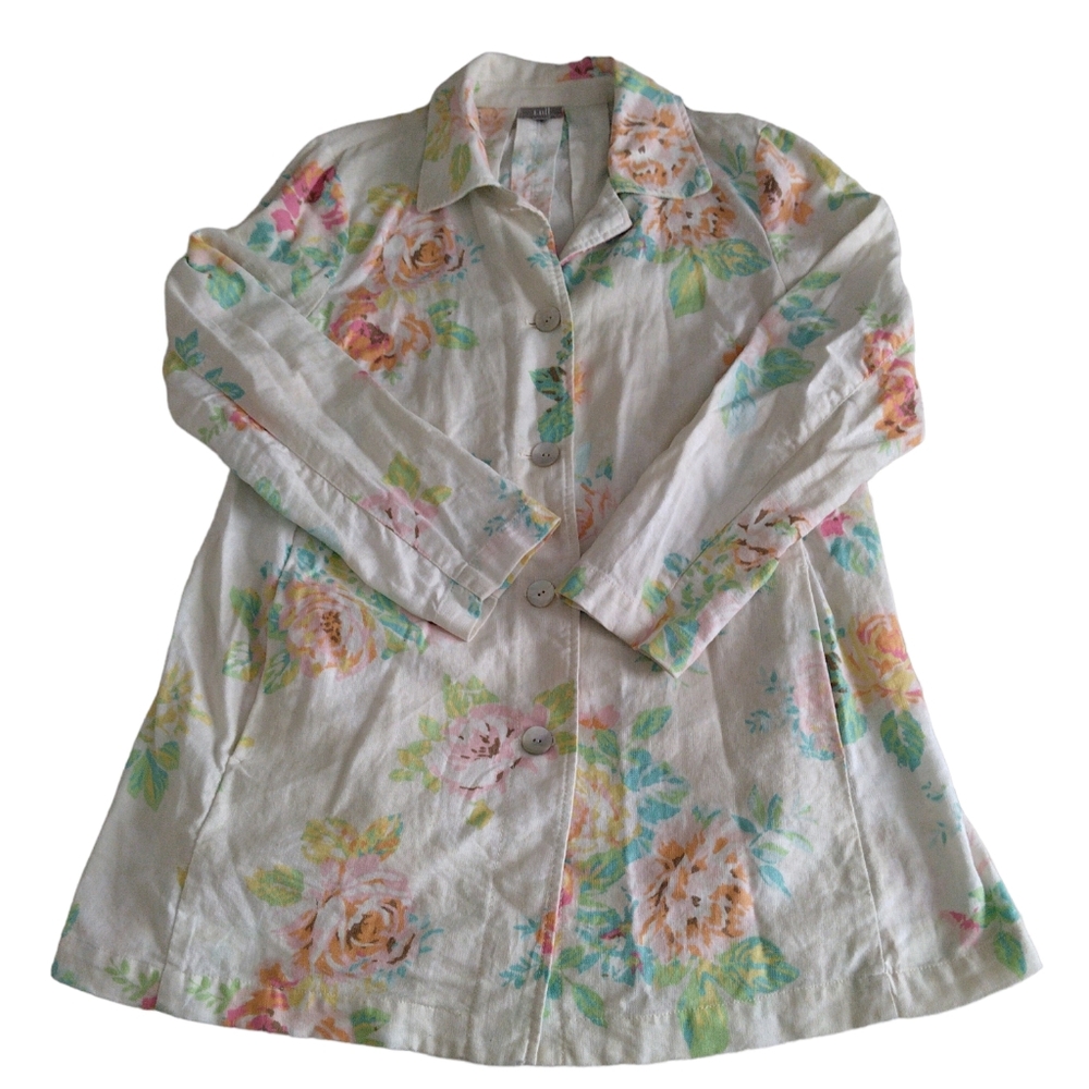 J. Jill Size Medium Linen Cotton Blend Long Sleeve Button Front Floral Jacket